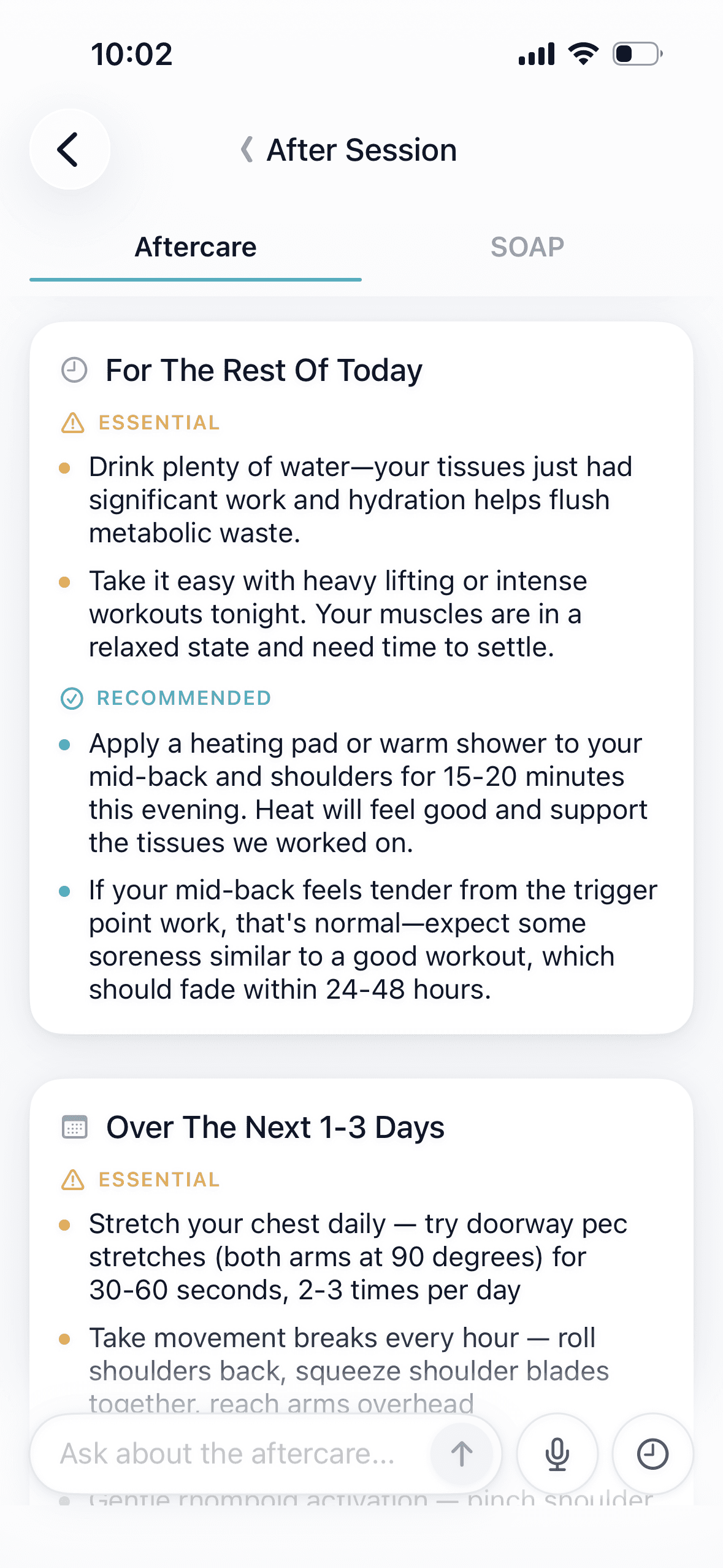 Aftercare instructions personalized to the session's focus areas