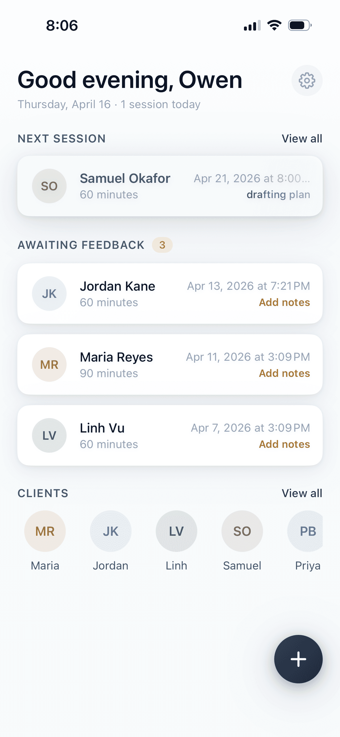 MyoPlan dashboard — today's sessions and clients awaiting feedback